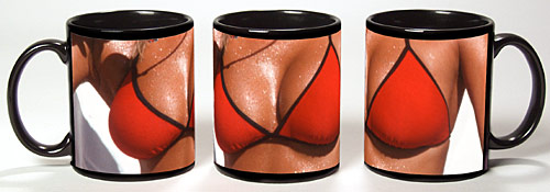 Photo of breasts in a red swimsuit reproduced on a black coffee mu