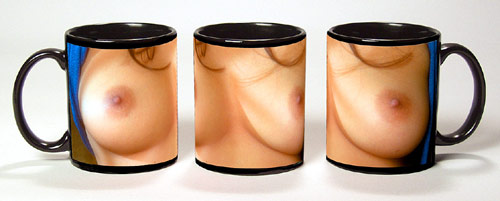 Photo of Yvette Lopez bare breasts reproduced on a black coffee cup