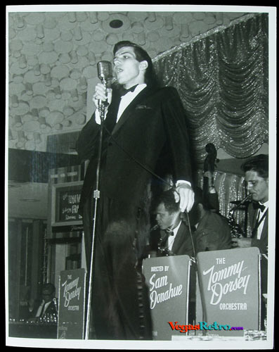 Photo of Frank Sinatra Jr singing with Tommy Dorsey band on a Las Vegas stage