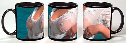 Photo of breasts in wet t-shirt on a black coffee mug